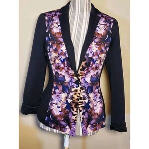 Boston Proper Women's Floral Cropped Fitted blazer Jacket Black & Purple Sz XS